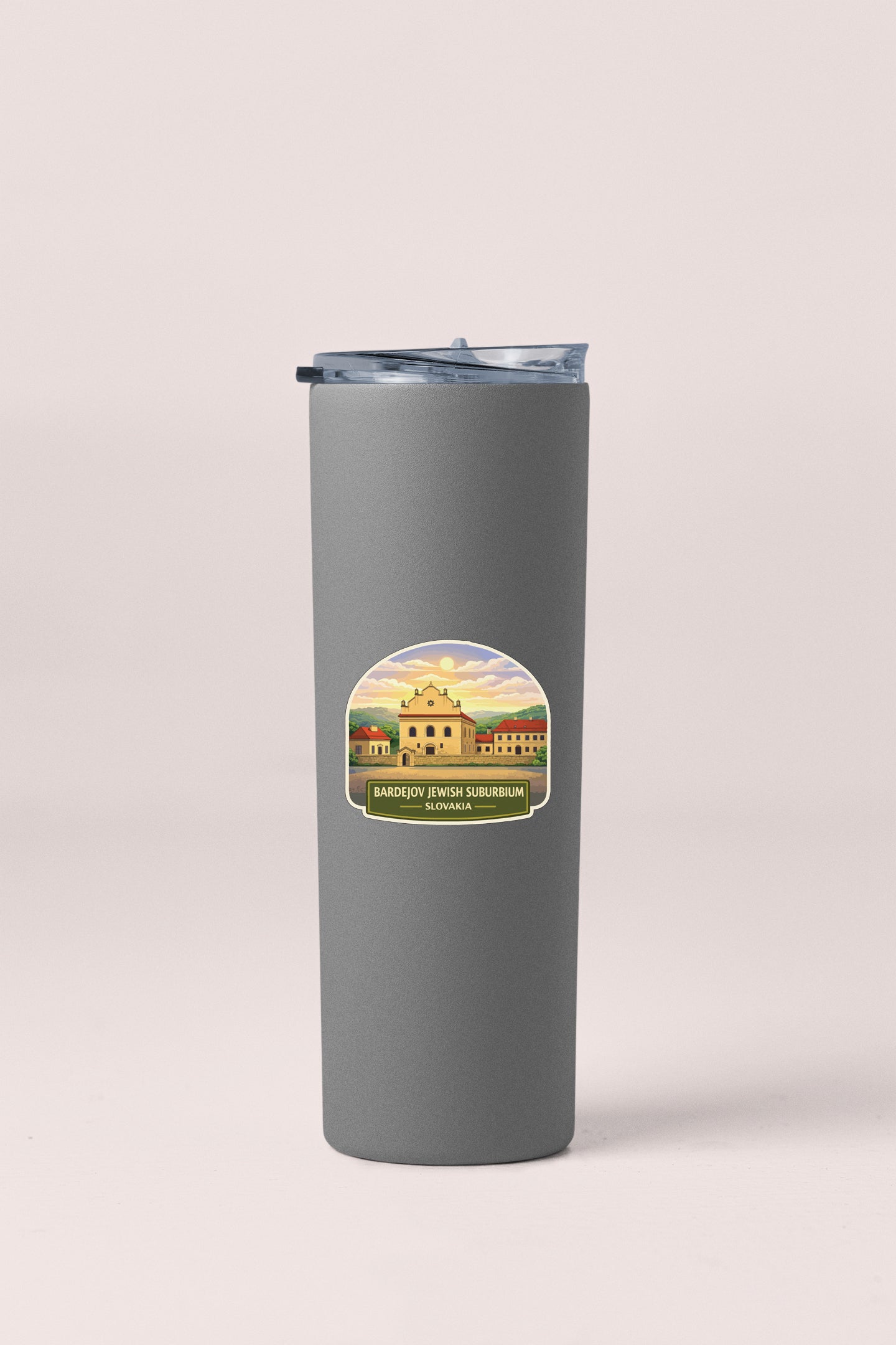 A gray insulated tumbler with a label featuring an illustration of a building and the text "BAREDOV JEWISH SUBURBUM SONIA".