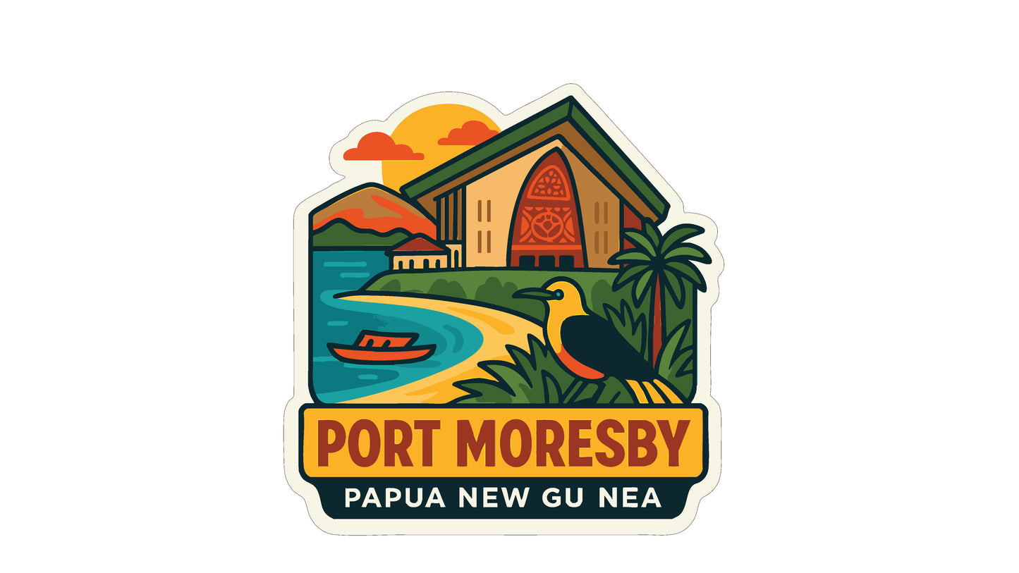 a colorful illustration of a tropical island with a house, palm trees, and a bird. The text "PORT MORESBY" and "PAPUA NEW GU NEA" is displayed below the illustration.