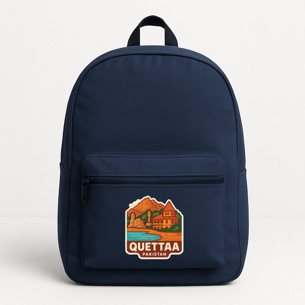 A navy blue backpack with a printed logo on the front pocket.
