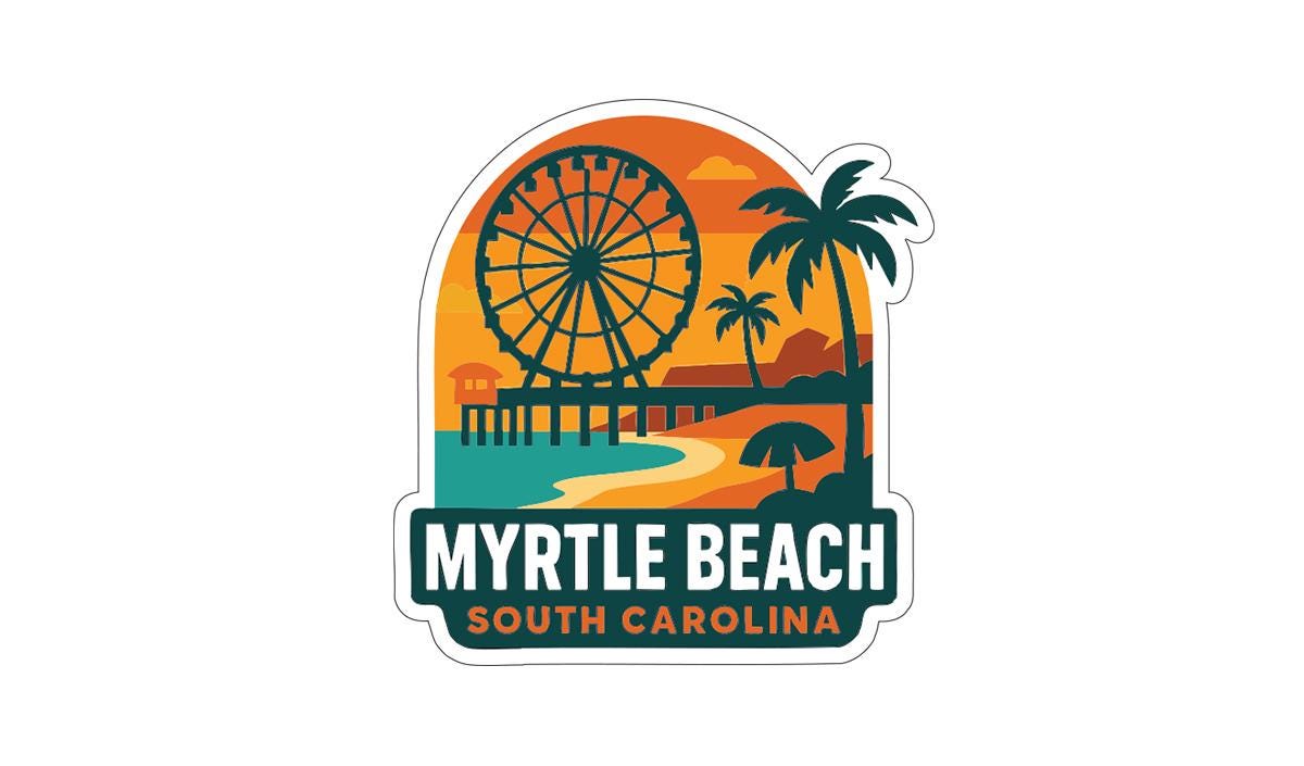 A sticker or logo depicting a beach scene with a ferris wheel, palm trees, and a pier, along with the text "MYRTLE BEACH SOUTH CAROLINA".