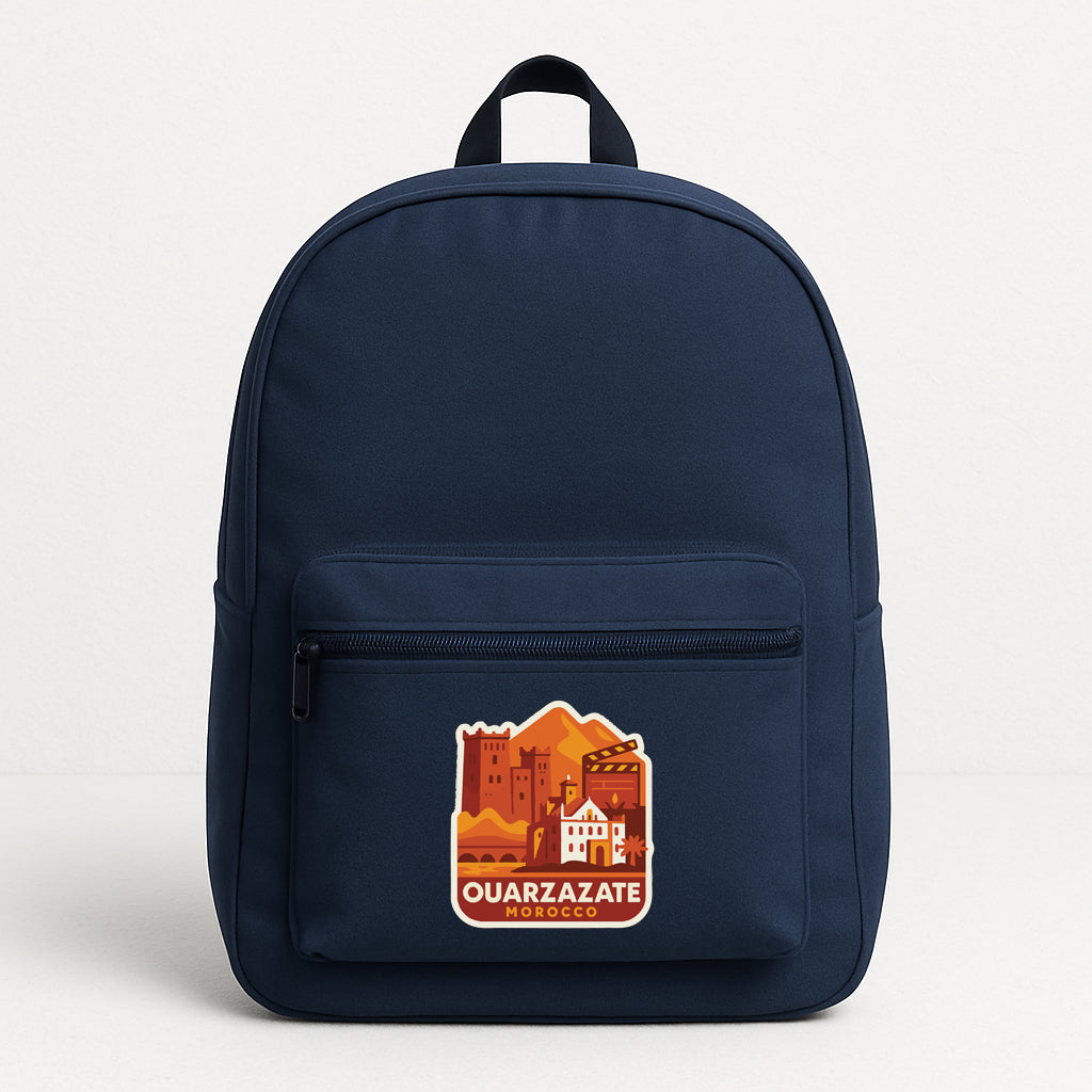 A navy blue backpack with a sticker on the front that says "QUARZAZATE".