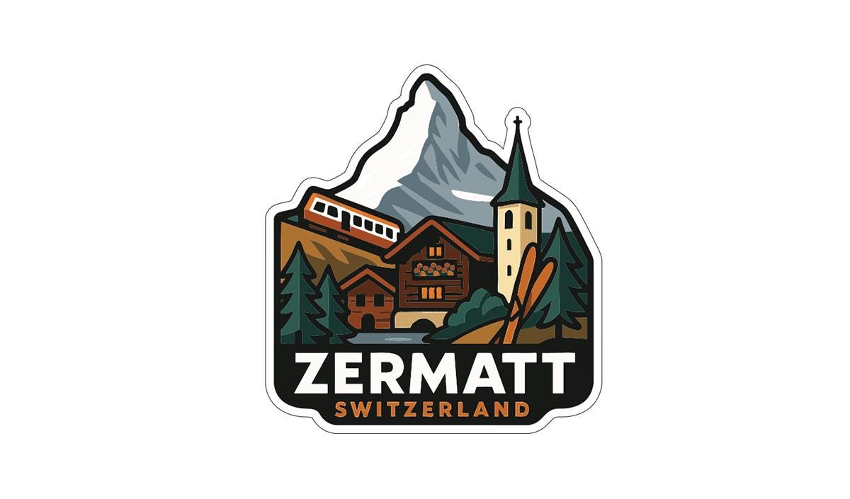 A sticker or logo depicting a mountain landscape with a church, train, and other buildings, along with the text "ZERMATT SWITZERLAND".