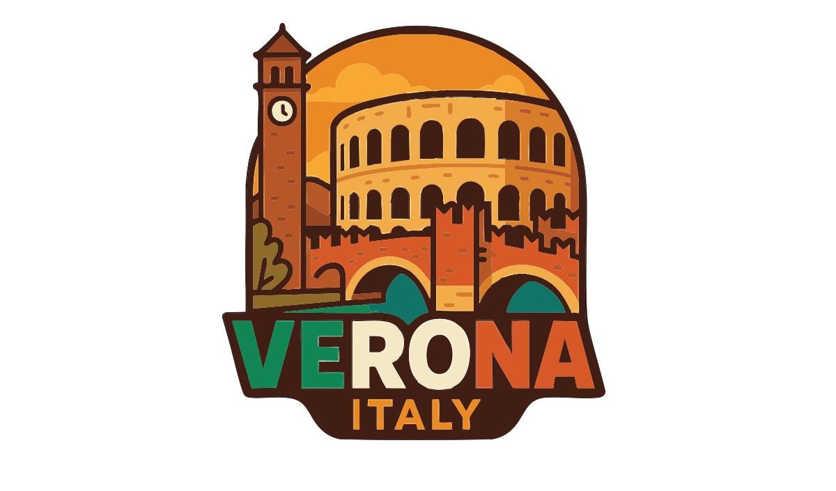 a stylized illustration of the Colosseum in Rome, Italy, with a clock tower and a bridge in the background. The text "VERONA ITALY" is prominently displayed in the center of the image.