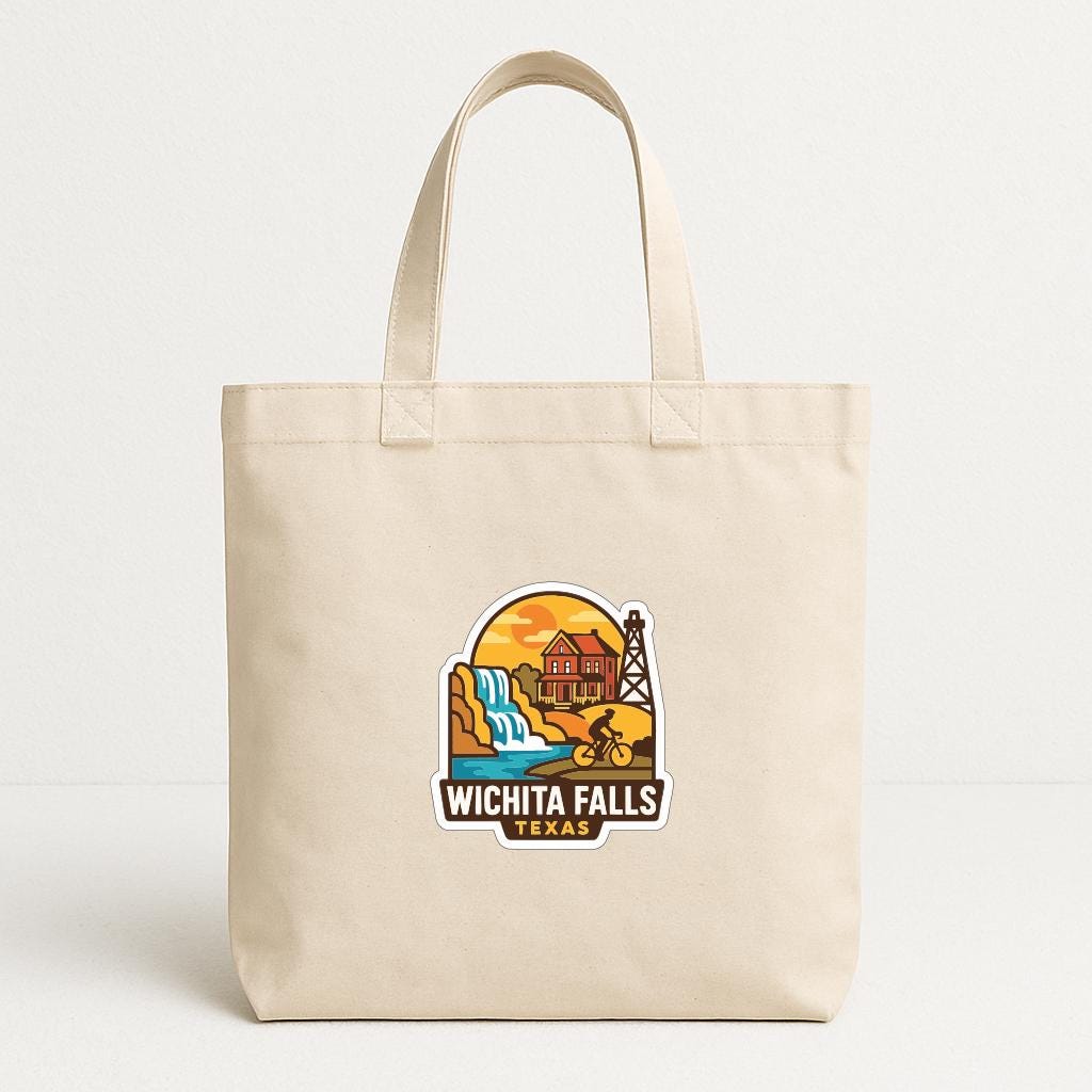 A beige tote bag with a printed design depicting the scenic Wichita Falls in Texas.