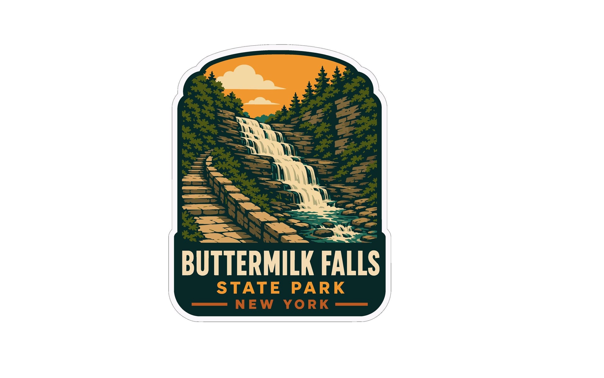 A sticker depicting a scenic waterfall surrounded by trees and a path leading up to it, with the text "Buttermilk Falls State Park New York" prominently displayed.