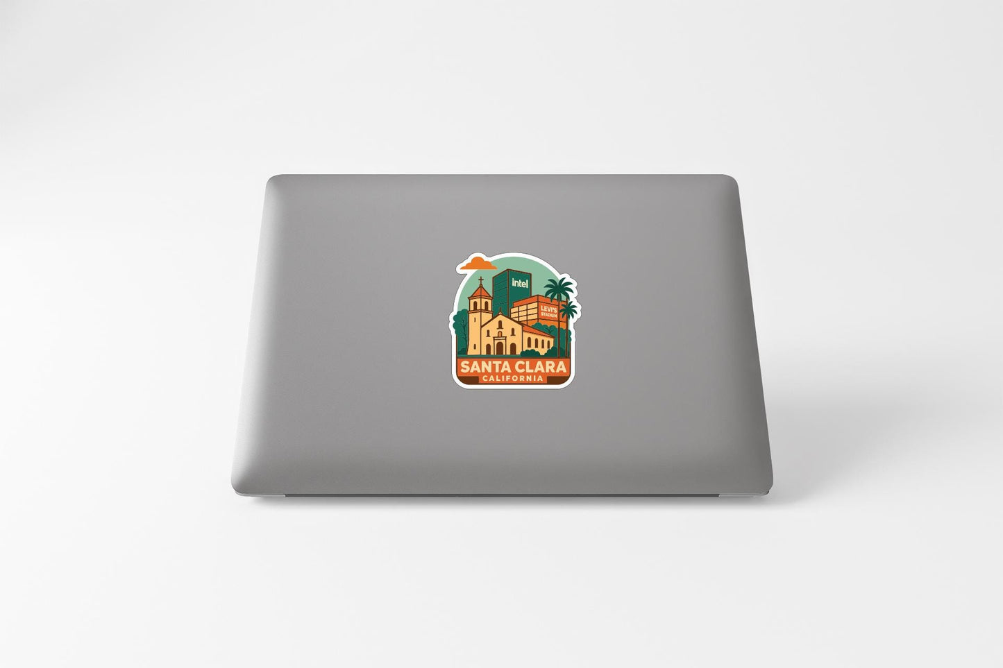 a sticker of Santa Clara, California, on the back of a laptop.