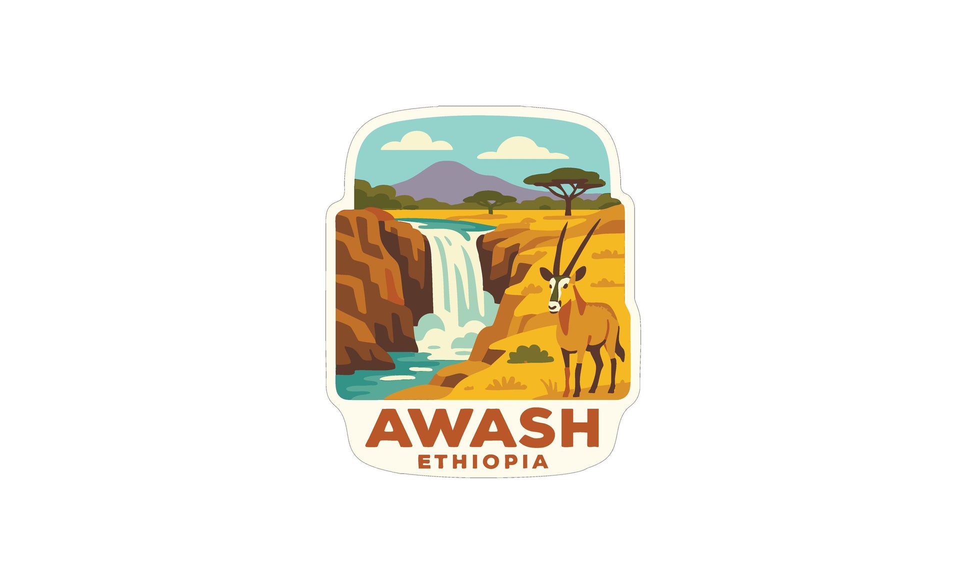 a stylized illustration of a waterfall, a gazelle, and a mountain range, with the text "AWASH ETHIOPIA" prominently displayed.