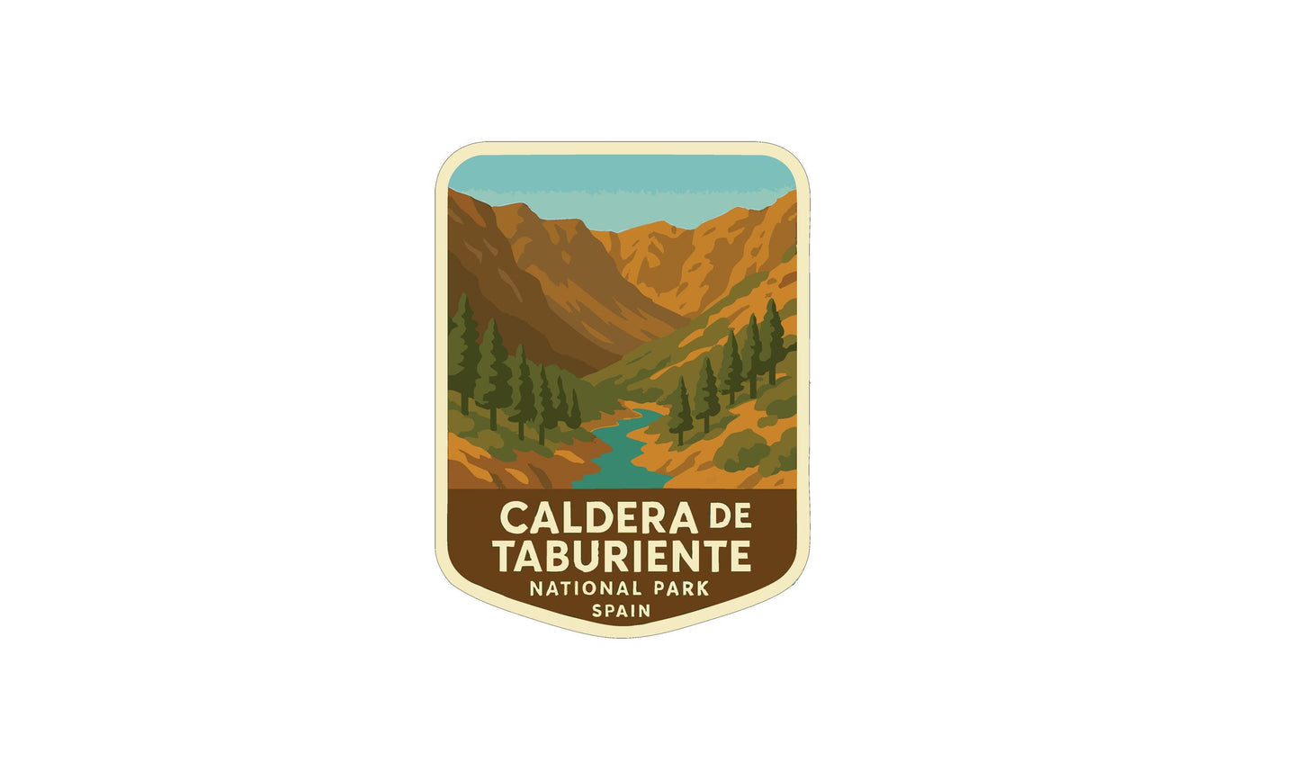 a shield-shaped logo with a mountain landscape and a river, representing the Caldera de Taburiente National Park in Spain.