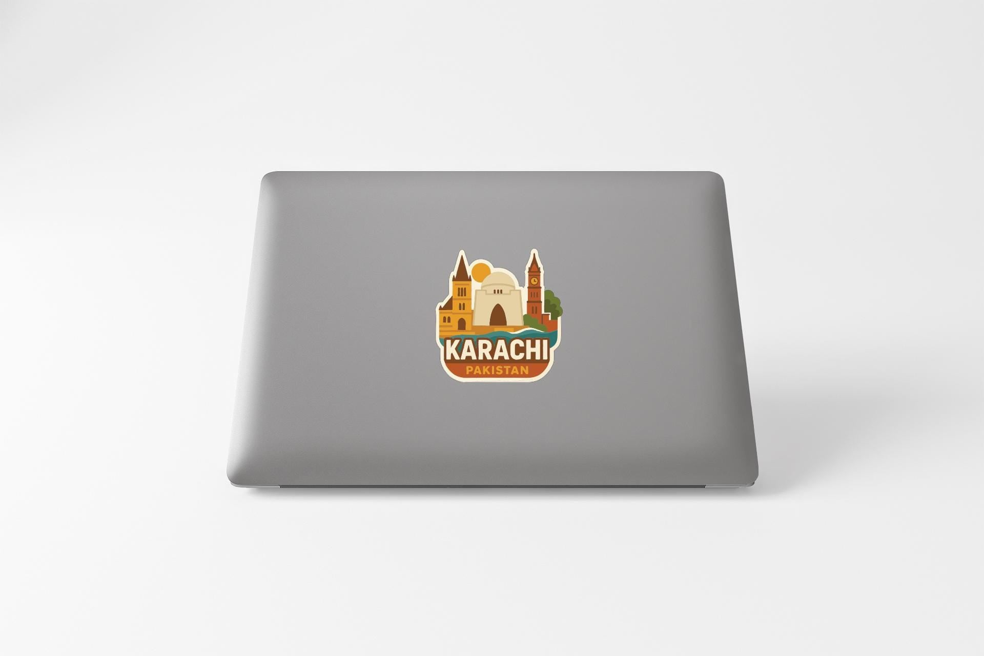 a sticker or logo of a city, likely representing the city of Karachi, Pakistan.