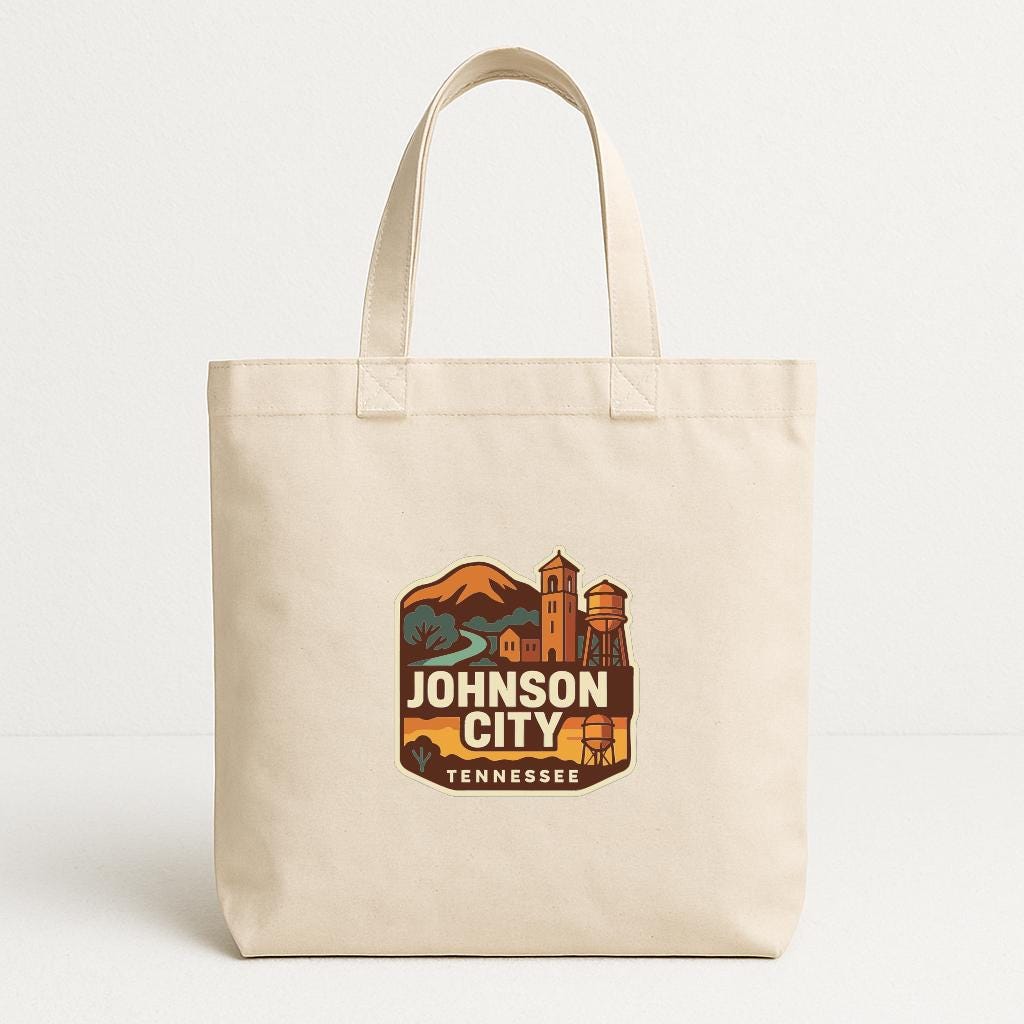 A beige tote bag with a printed design featuring a mountain, water tower, and text that says "JOHNSON CITY TENNESSEE".