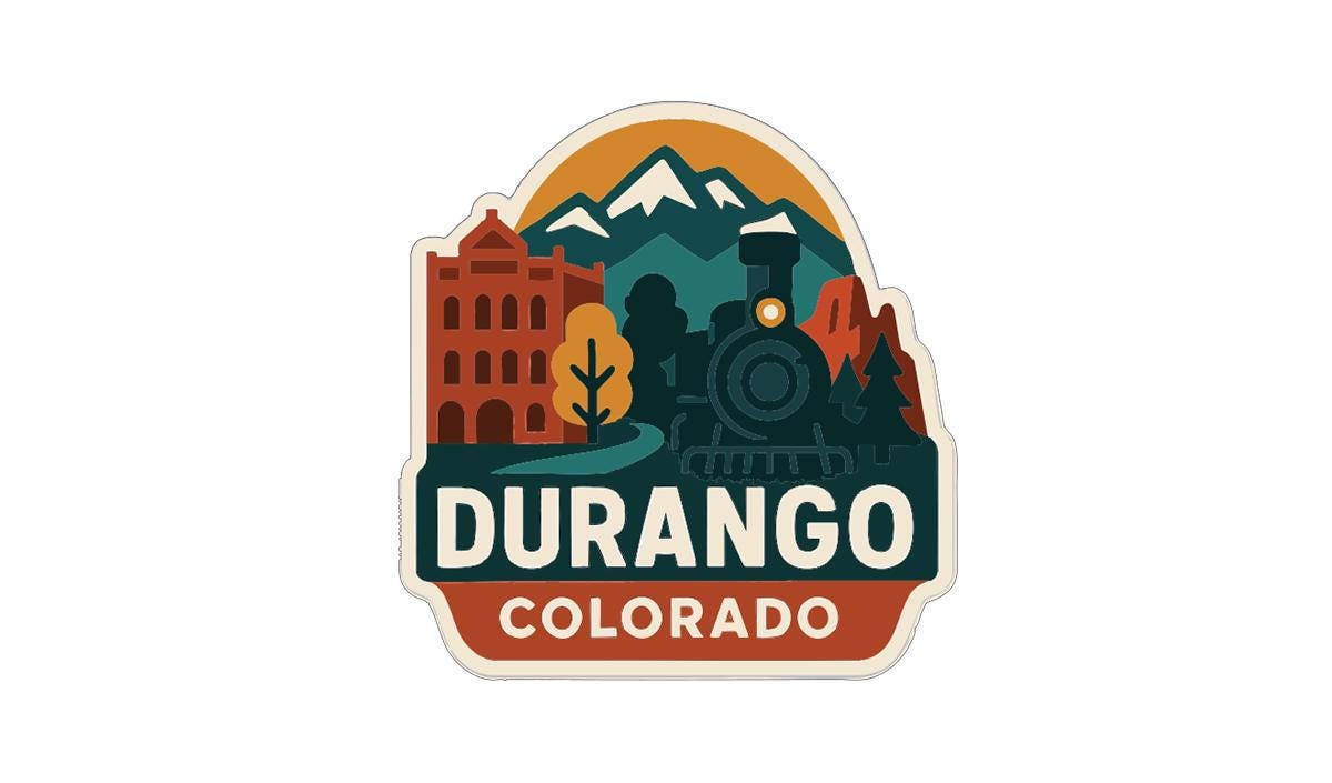 a sticker or logo with a train, mountains, and buildings, representing Durango, Colorado.