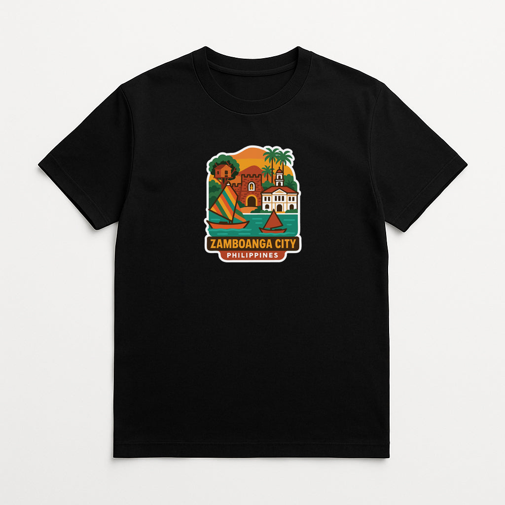 A black t-shirt with a colorful graphic depicting landmarks and scenery from the city of Zamboanga, Philippines.