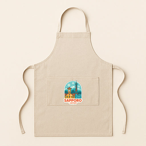 A beige apricot with a graphic of Sapporo, Japan, printed on it.
