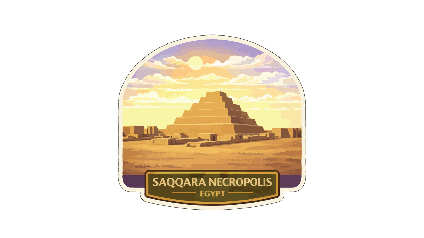 a stylized illustration of the Saqqara Necropolis in Egypt, with a pyramid-shaped structure in the background and a sunset sky above.