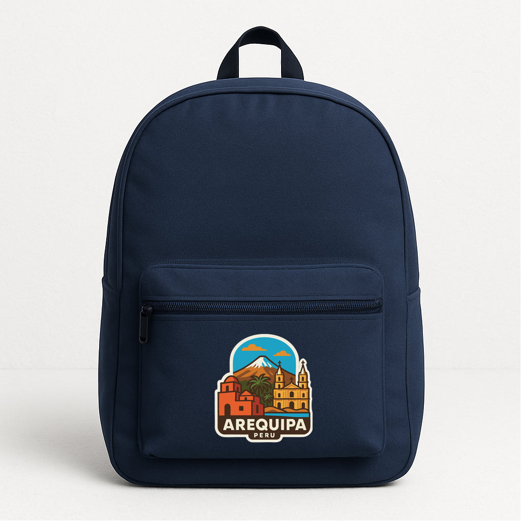 A navy blue backpack with a graphic of a mountain and buildings, along with the text "AREQUIPA PERU".
