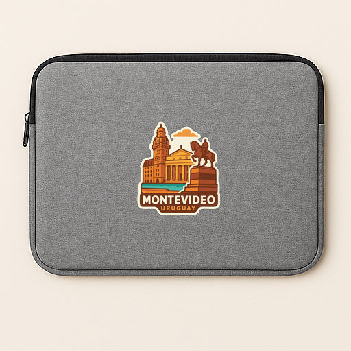 A gray laptop sleeve with a graphic design featuring a city skyline and a statue.