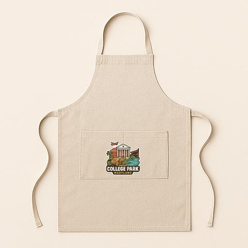 A beige apricot with a graphic design of a building and a tree, along with the text "COLLEGE PARK" printed on it.