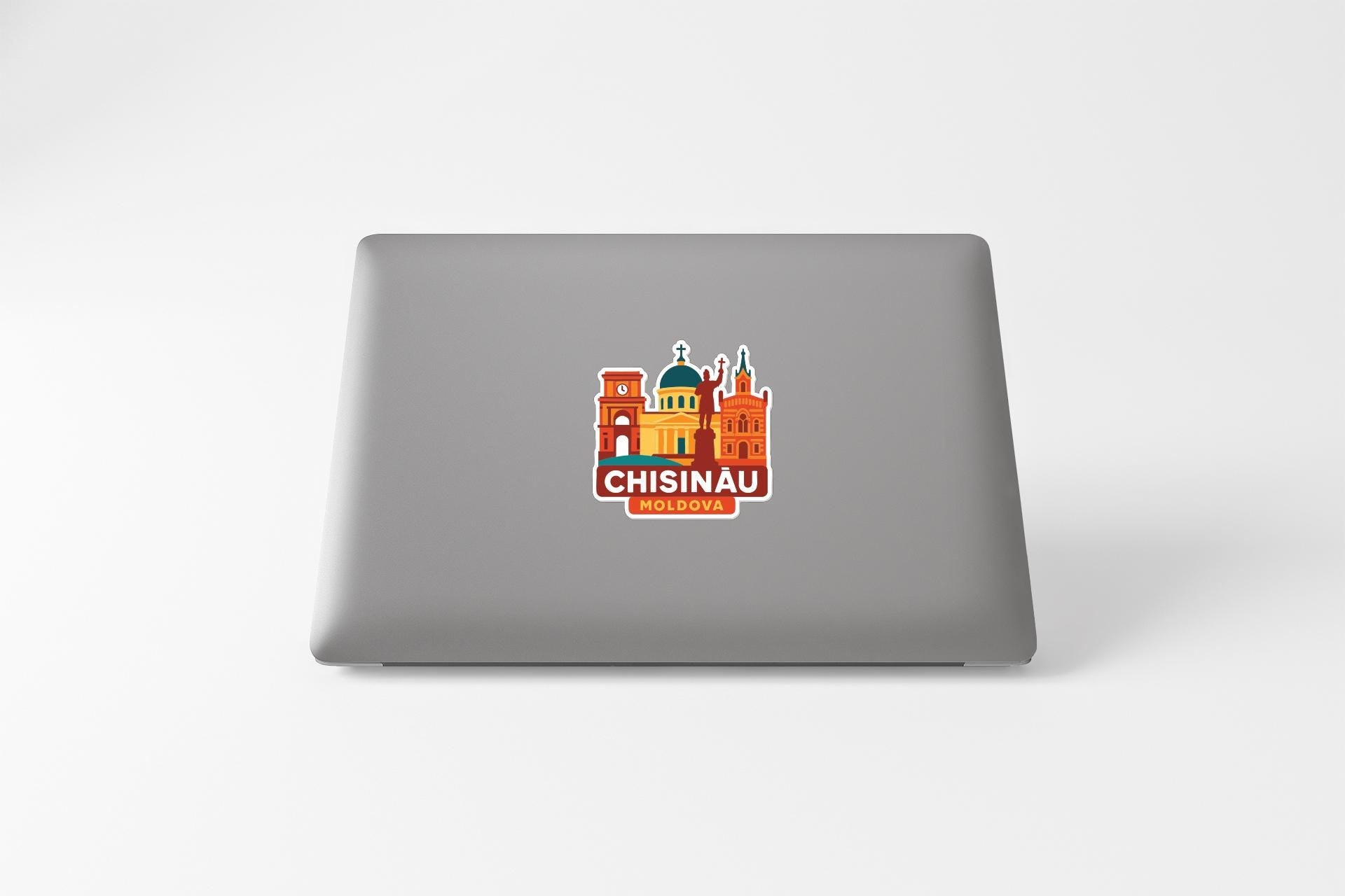 a sticker or decal of the city of Chisinau, Moldova, with a stylized illustration of the city's landmarks and architecture.