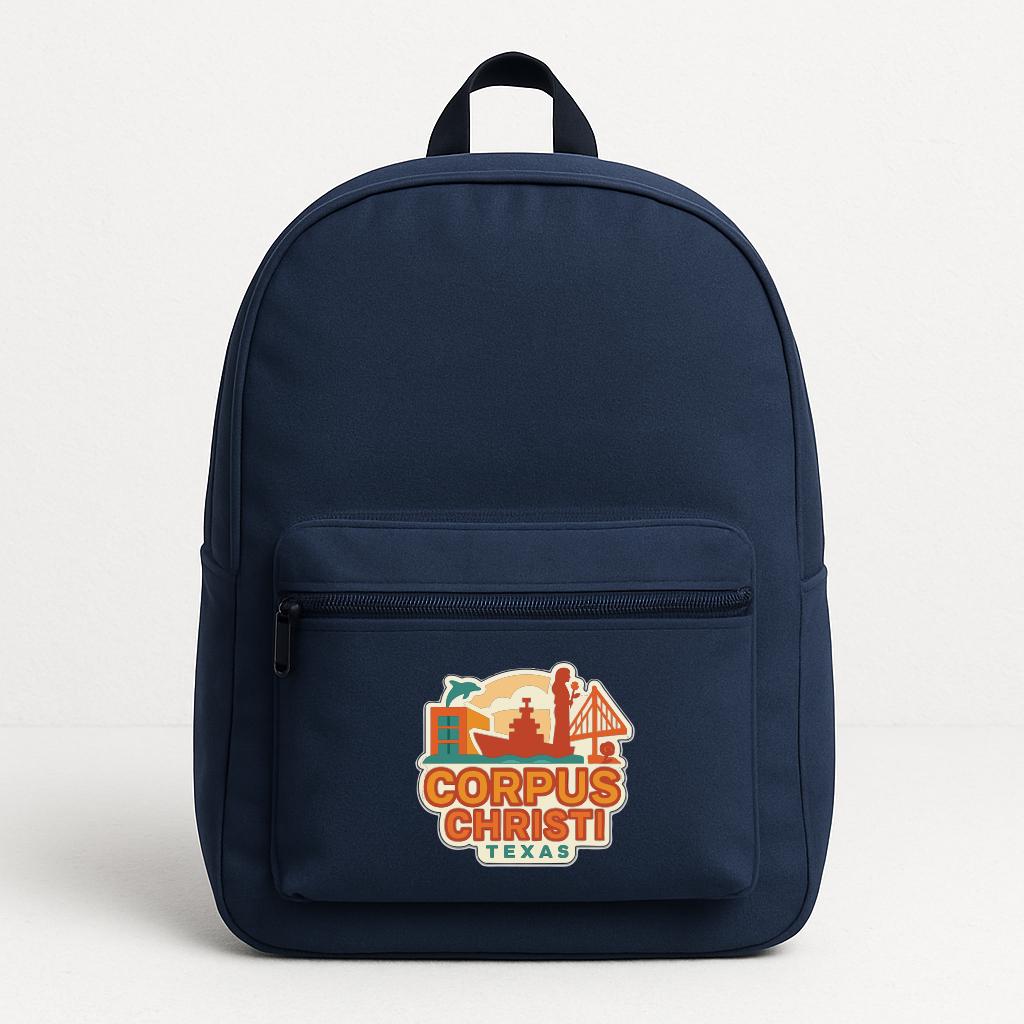 A navy blue backpack with a graphic on the front that says "CORPUS CHRISTI TEXAS".