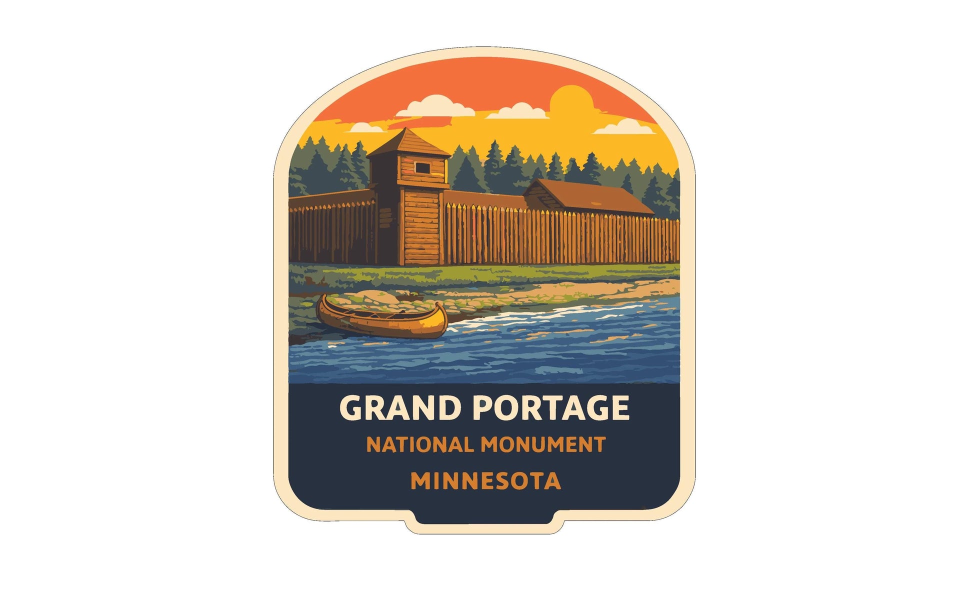 The image is a label or sticker for the Grand Portage National Monument in Minnesota. It features a scenic illustration of a fort, a boat on a river, and a sunset over a forest.