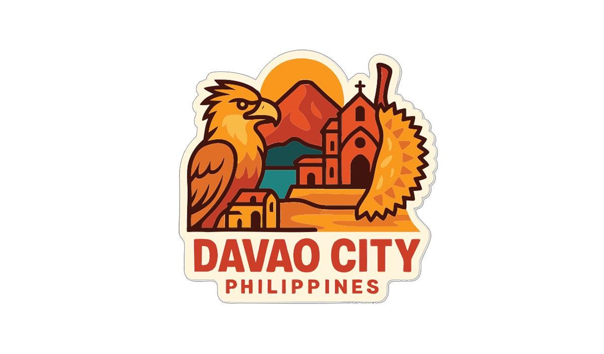a stylized illustration of Davao City, Philippines, with a bird, a church, and a mountain in the background.