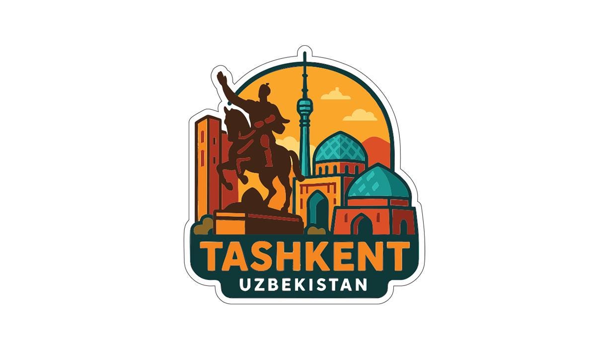 a sticker or emblem with a silhouette of a person on horseback, along with various architectural elements such as domes and towers, representing the city of Tashkent, Uzbekistan.