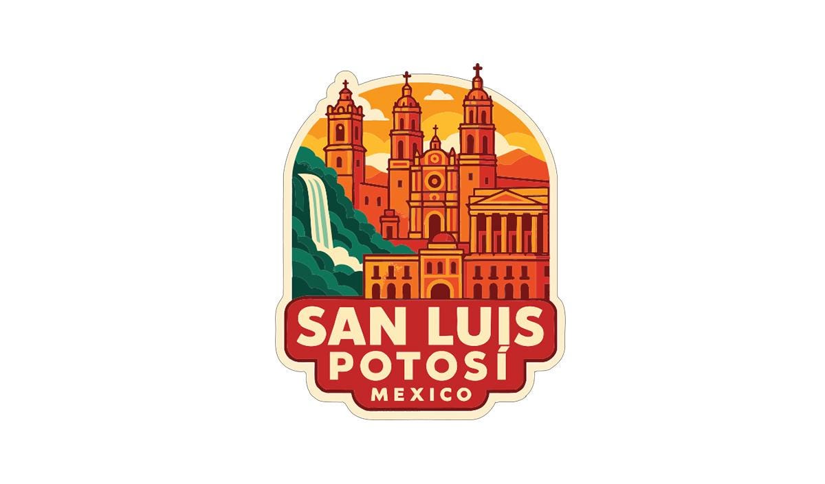 a sticker or emblem with a stylized illustration of a city skyline, including a church, surrounded by a waterfall and mountains. The text "SAN LUIS POTOSI MEXICO" is prominently displayed, indicating the location of the city.