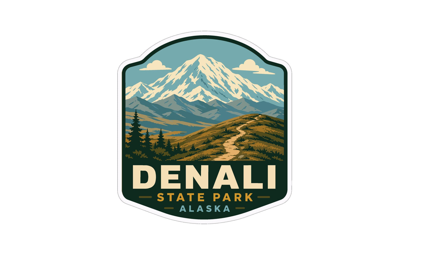 A sticker or emblem featuring a mountain landscape with a trail leading through it, surrounded by pine trees and mountains. The text "DENALI STATE PARK ALASKA" is prominently displayed, indicating the location of the scene.