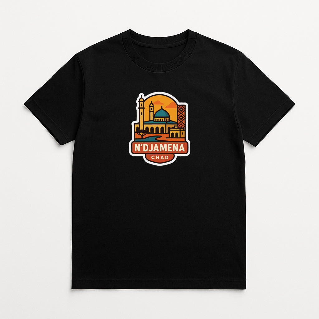 A black t-shirt with a graphic design featuring a colorful illustration of a building and a mosque, along with the text "N. Djamena CHAD".