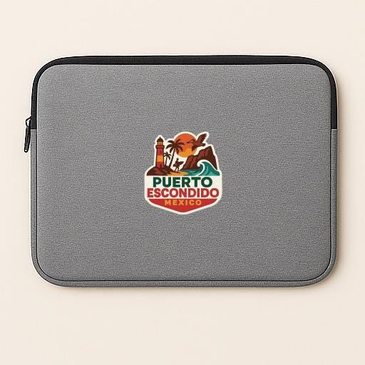 A gray laptop sleeve with a colorful logo of Puerto Escondido, Mexico, featuring a lighthouse, palm trees, and a sunset.