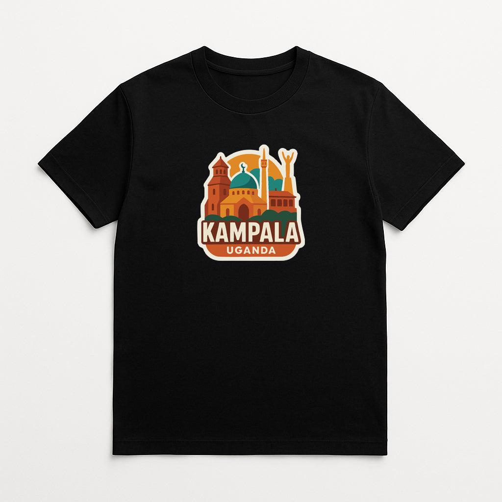 A black t-shirt with a graphic design depicting landmarks and buildings in Kampala, Uganda.