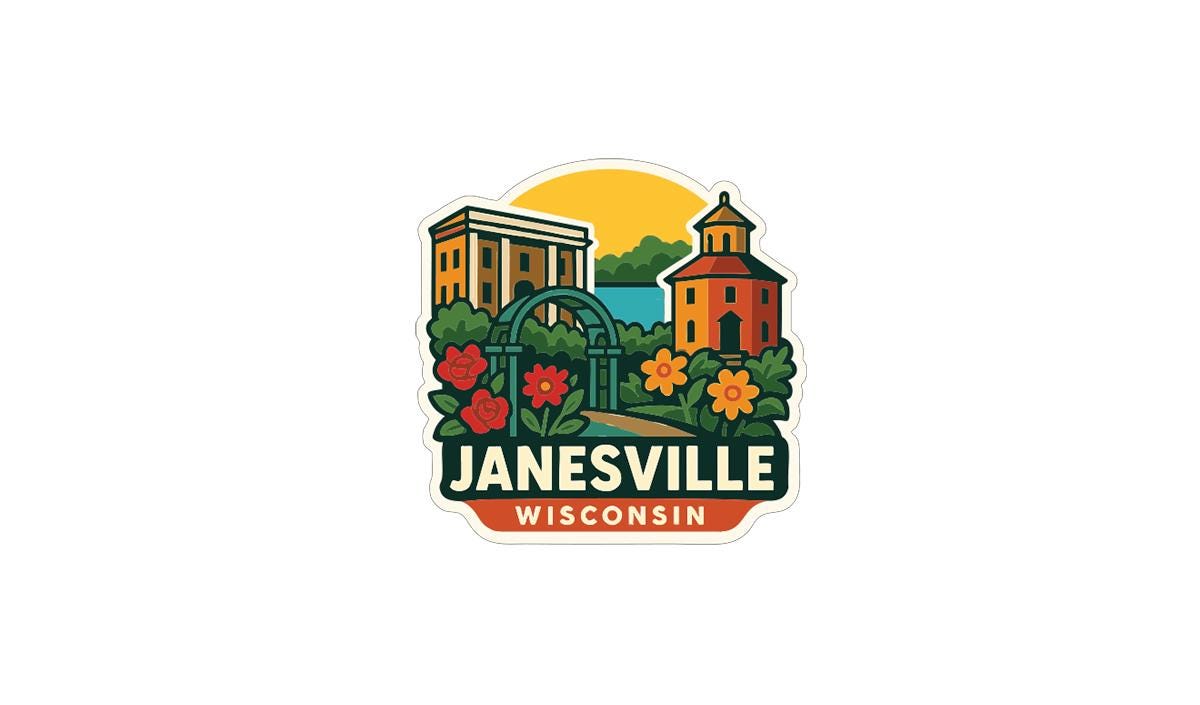 A colorful and stylized sticker or logo depicting the city of Janesville, Wisconsin, with various landmarks and elements such as a building, flowers, and a sunset.