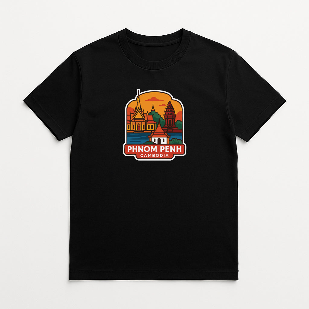 A black t-shirt with a colorful graphic depicting the skyline of Phnom Penh, Cambodia.