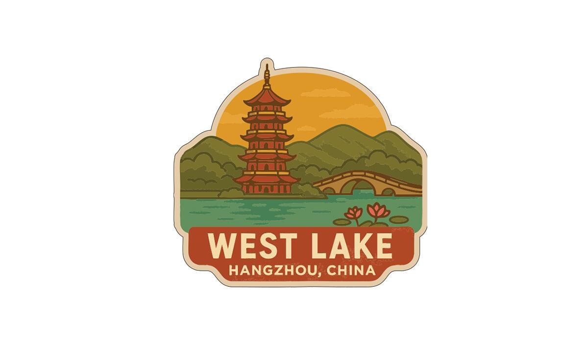 A sticker or label featuring a pagoda and a bridge in a scenic landscape, with the text "WEST LAKE HANGZHOU, CHINA" prominently displayed.