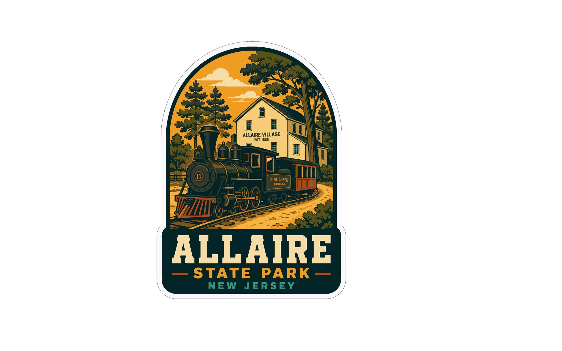a vintage-style illustration of a train traveling through a scenic landscape, with a building and trees in the background.