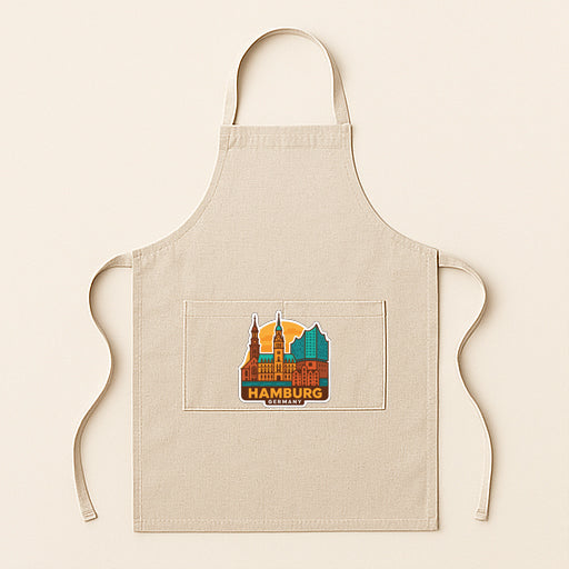 A beige apricot with a graphic of the city of Hamburg, Germany, printed on it.
