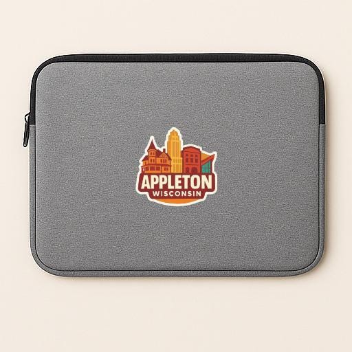 A gray laptop sleeve with a logo of the city of Appleton, Wisconsin, printed on it.
