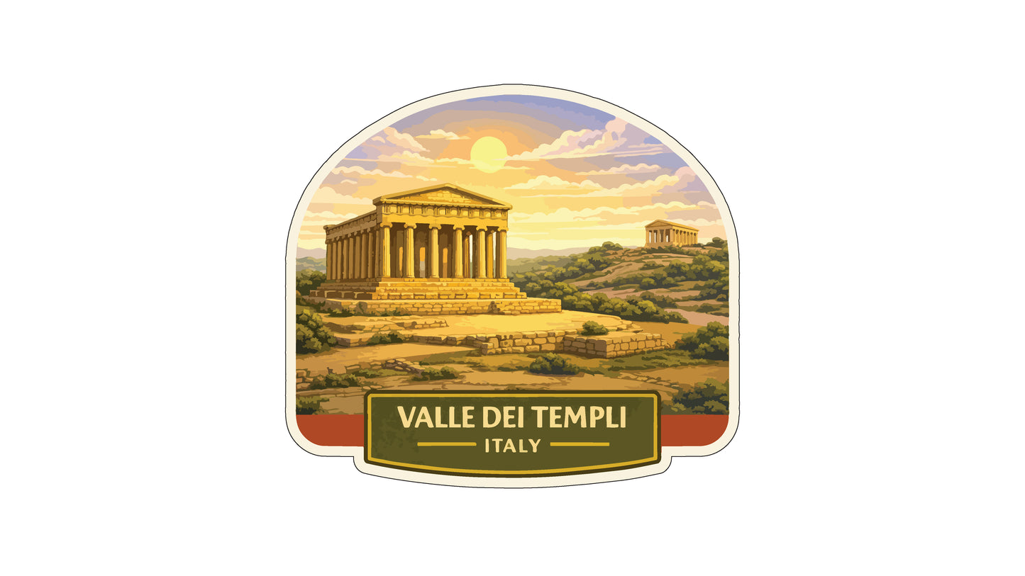 a temple in Italy, with a sunset in the background.