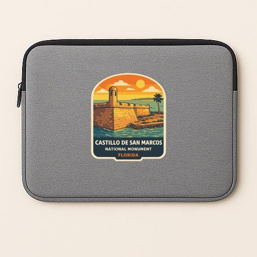 A gray laptop sleeve with a sticker depicting the Castillo de San Marcos National Monument in Florida.
