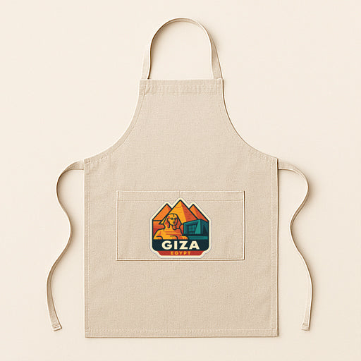A beige apricot with a graphic design featuring a stylized illustration of a person and a building, along with the text "Giza" below it.