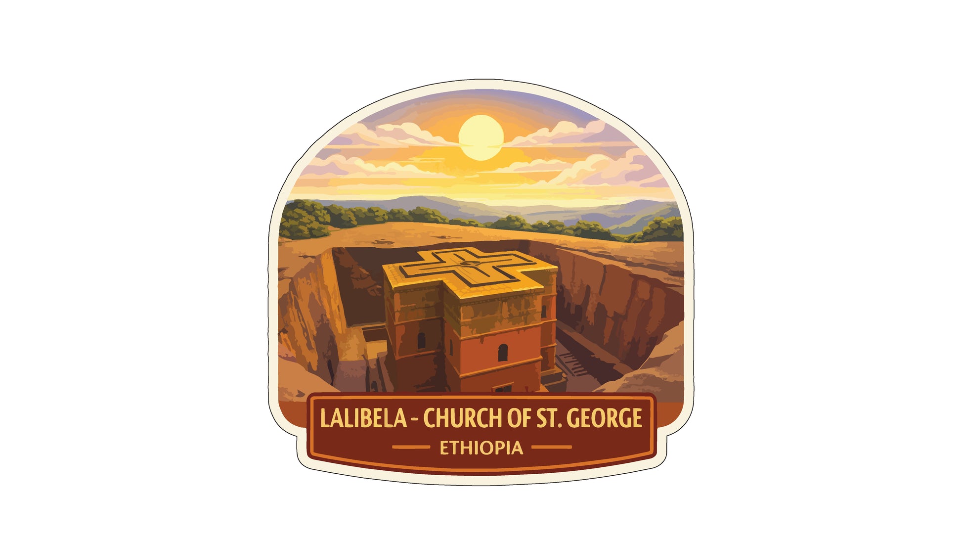 the Lalibela Church of St. George in Ethiopia, with a sunset in the background and a cross-shaped structure in the foreground.