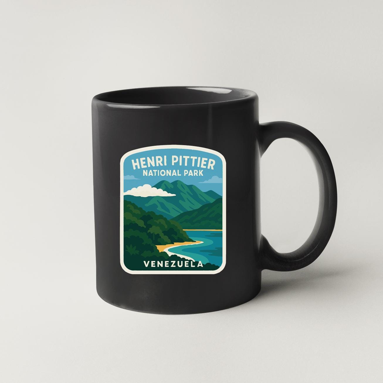 A black coffee mug with a graphic design depicting the Hanging Pitcher, a famous landmark in the Hanging Pitcher National Park in Venezuela.