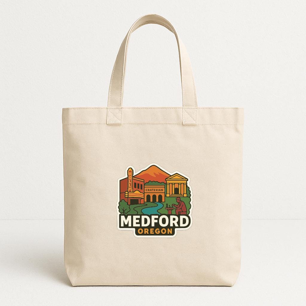 A beige tote bag with a printed design depicting a cityscape and the text "MEDFORD OREGON" printed on it.