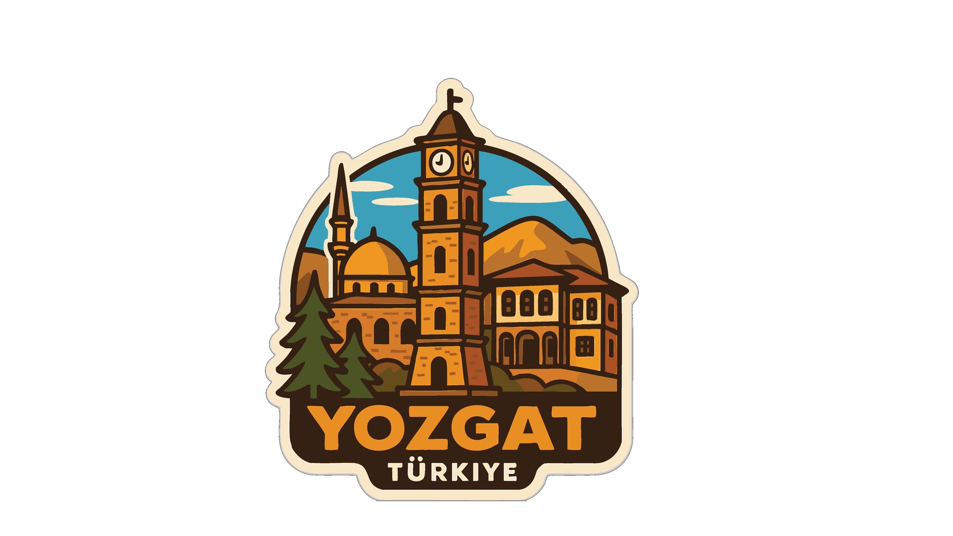 a sticker or emblem with a stylized illustration of a cityscape, including a clock tower, surrounded by mountains and trees.