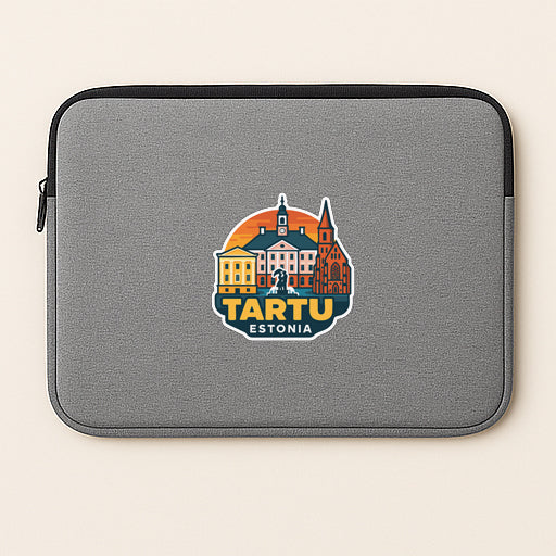 A gray laptop sleeve with a circular logo featuring a cityscape and the text "TARTU ESTONIA".