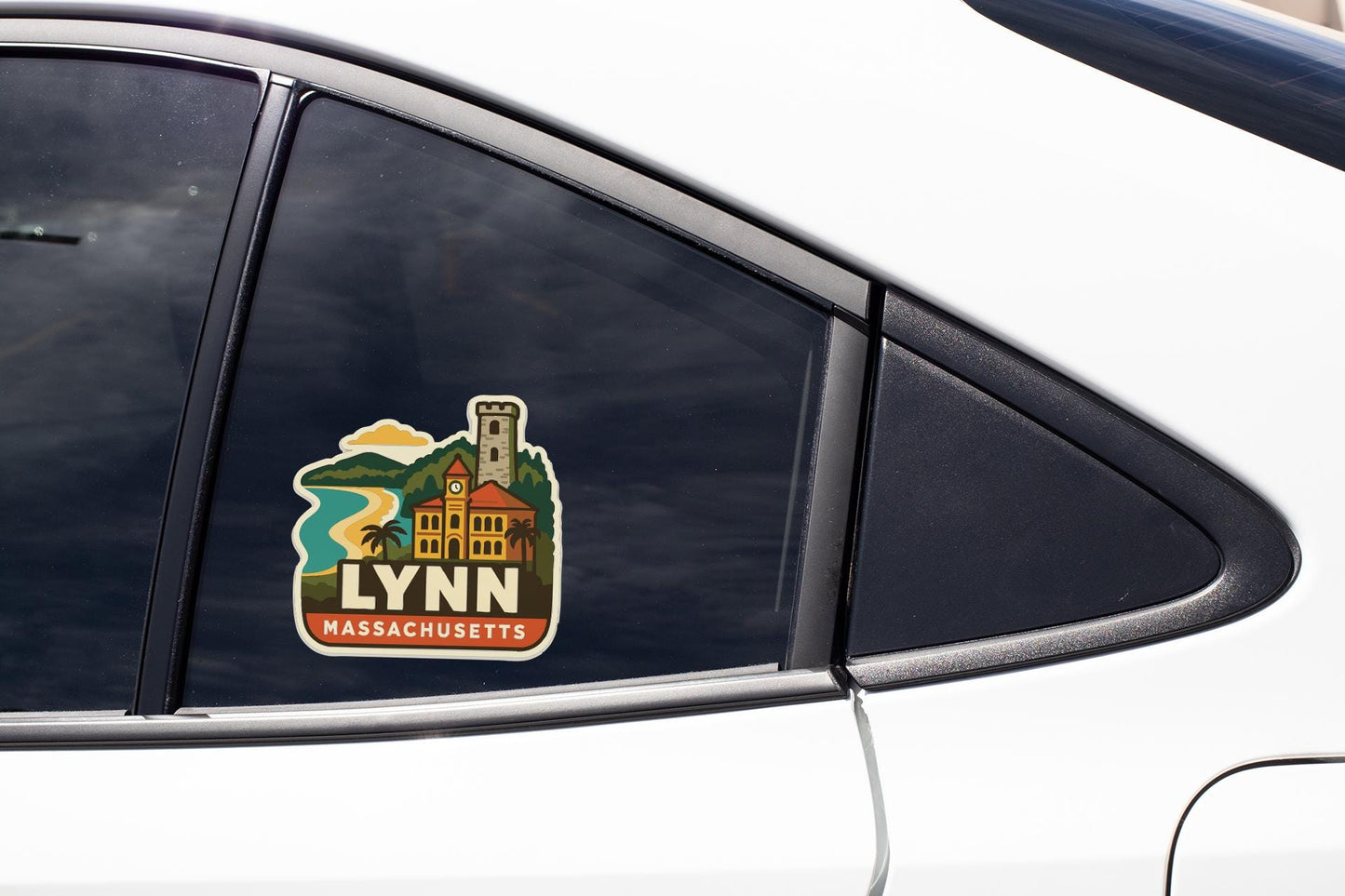 A sticker on the side of a car window, depicting a scenic view of Lynn, Massachusetts.
