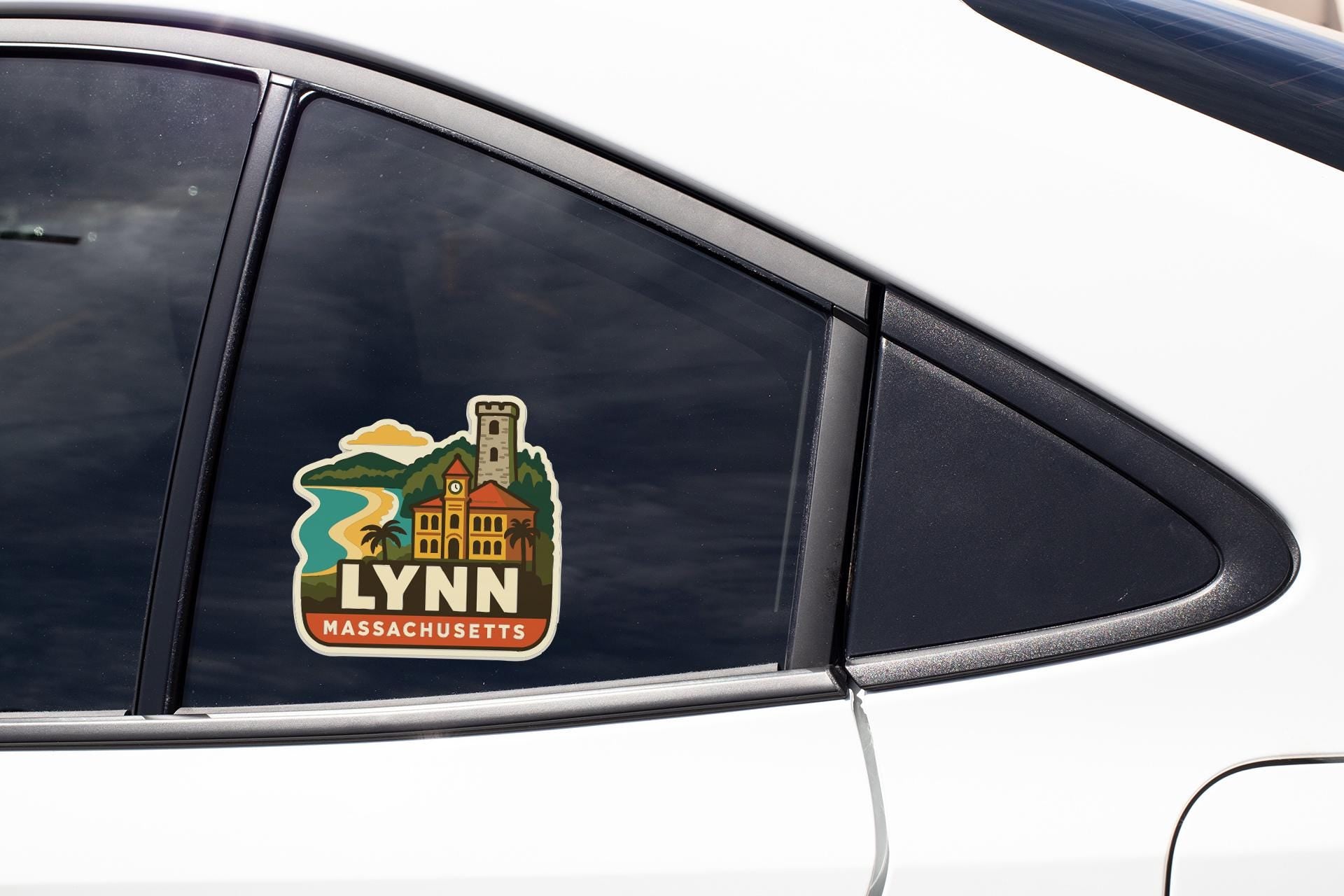 A sticker on the side of a car window, depicting a scenic view of Lynn, Massachusetts.
