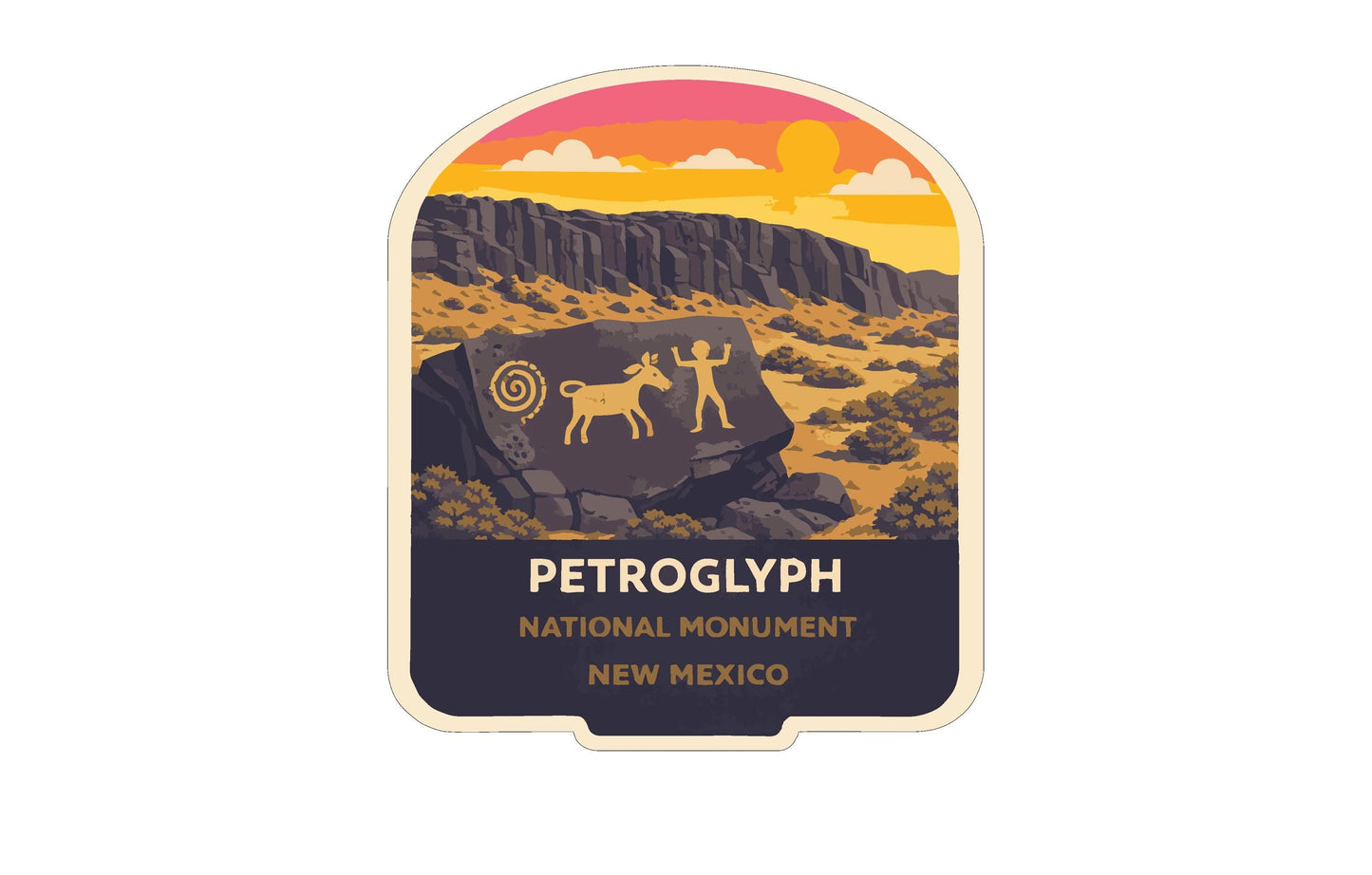 The image is a sticker or label for the National Monument of New Mexico, featuring a desert landscape with a rock formation and a figure, possibly a Native American symbol, against a colorful sunset sky.