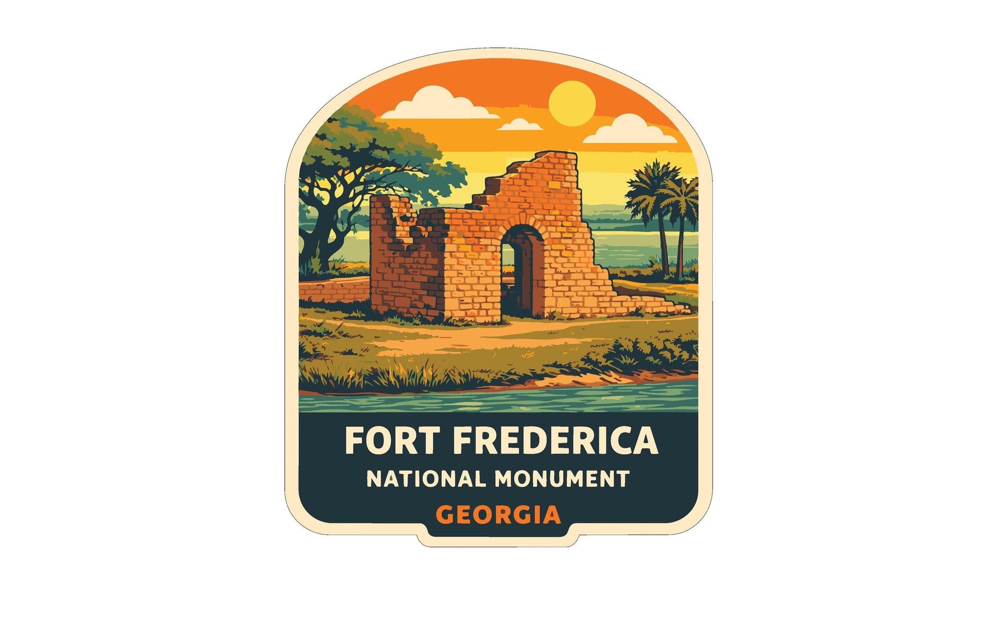 a sticker or label with an illustration of a brick structure, palm trees, and a sunset, along with the text "FORT FREDERICA NATIONAL MONUMENT GEORGIA".