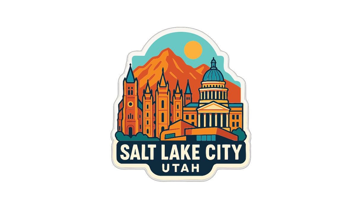 A sticker or emblem featuring the Salt Lake City skyline and the Capitol Building in Utah.